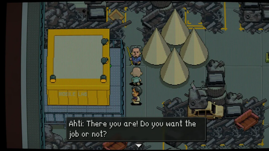 Retro Rebuild dialogue identifies Ahti beside the yellow mobile lab