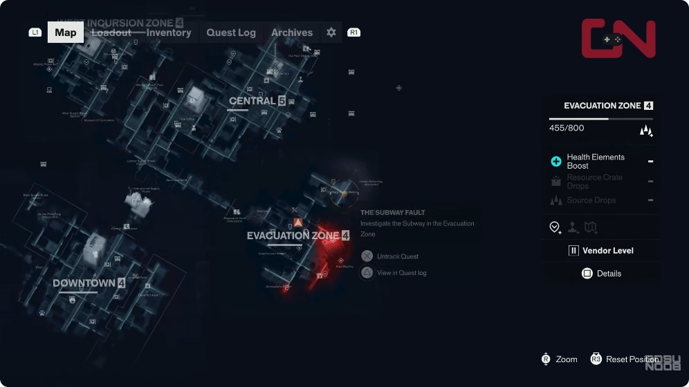 The map shows GosuNoob’s starting position in the Evacuation Zone near Railyard Street Station