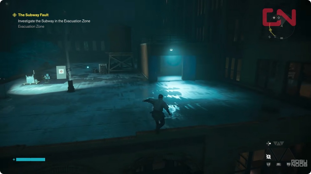 The Altered Camera and a blue-lit access doorway sit on the target rooftop