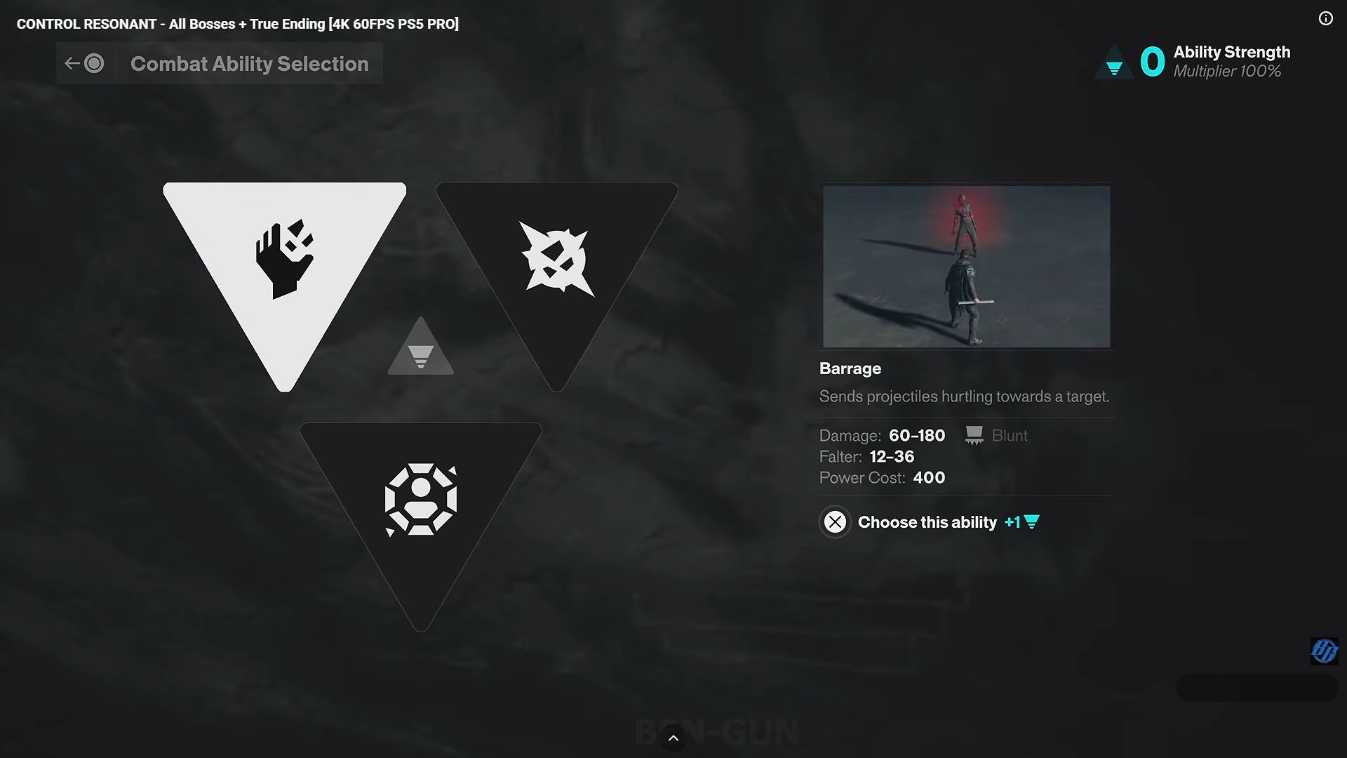 Combat Ability Selection after The Artist, with Barrage highlighted and three ability icons