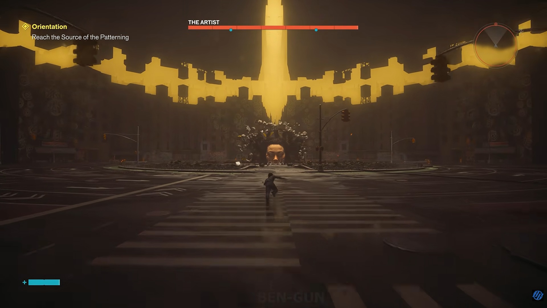 The Artist at the end of the Orientation street arena, with two blue markers on the health bar