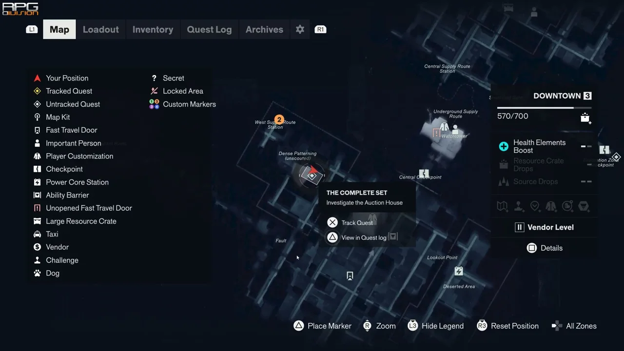 Downtown map with Auction House, Central Checkpoint and Underground Supply Route