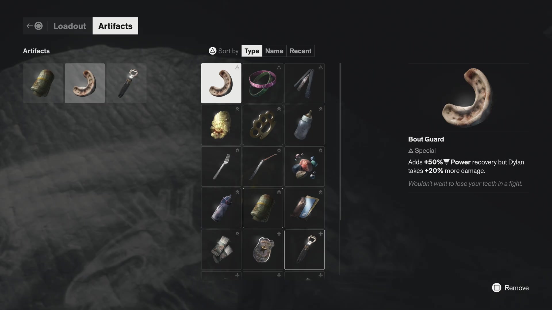 Bout Guard menu showing plus 50 percent Power recovery and plus 20 percent incoming damage