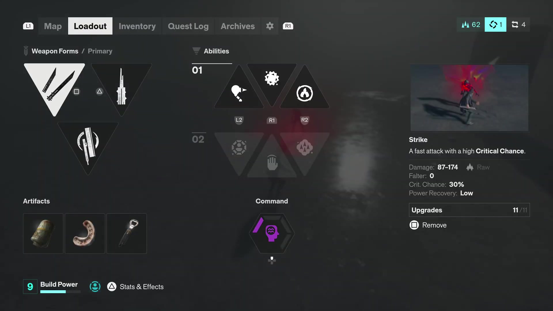 Recorded Loadout with Strike selected, weapon slots, three Artifact slots and Combat Abilities