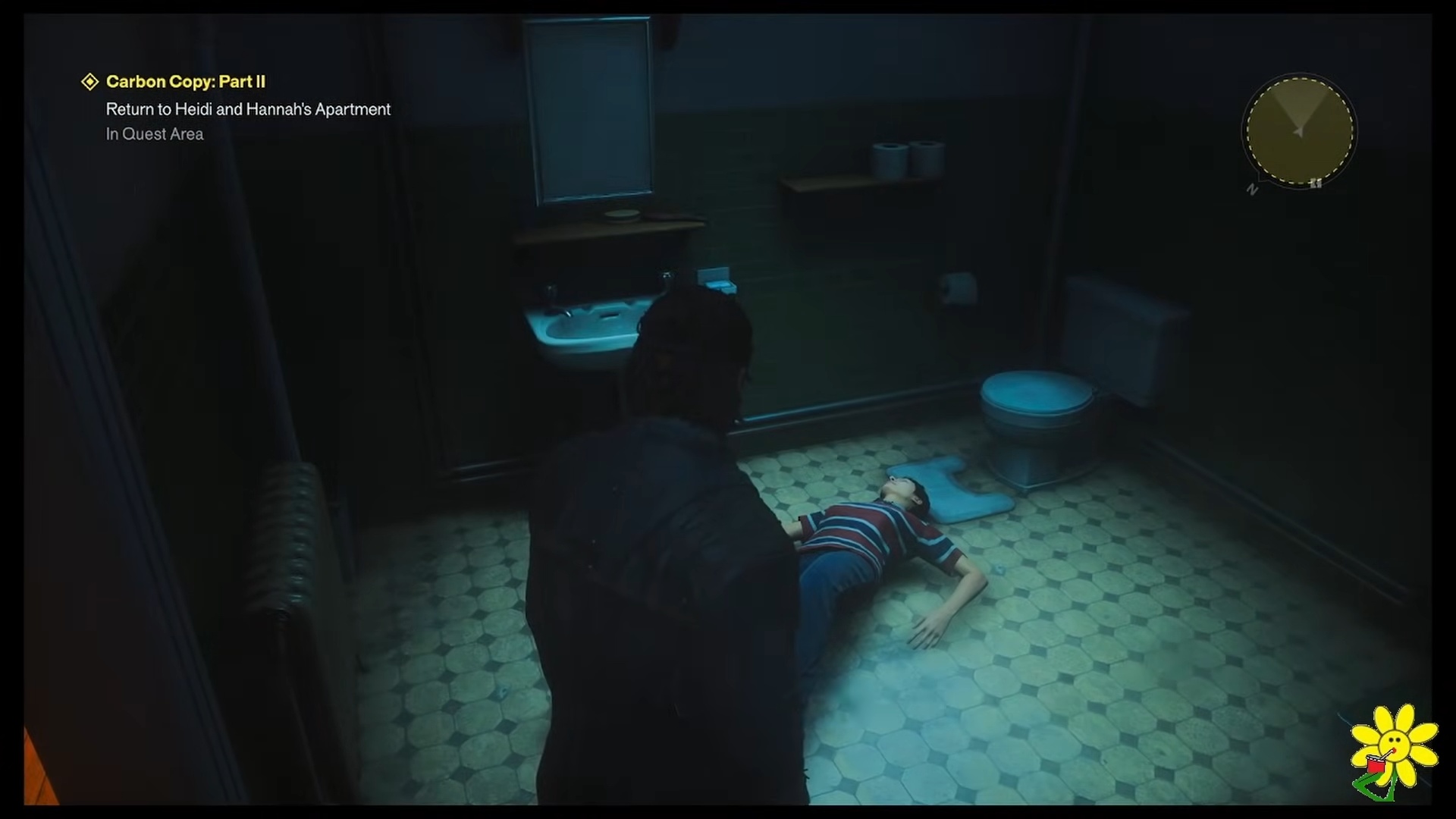 Body on the original apartment’s bathroom floor
