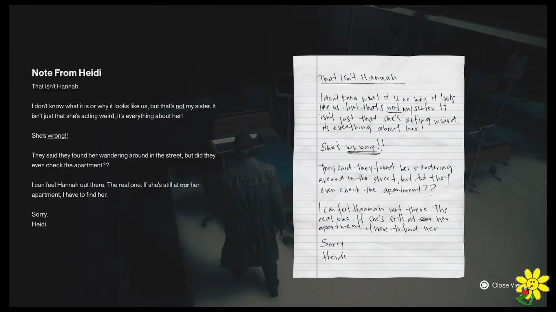 Note From Heidi directing Dylan back to the apartment
