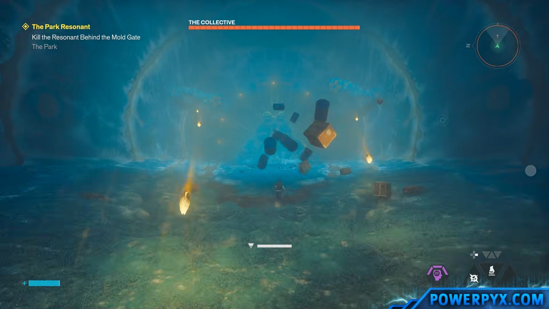 The Collective name bar over the Mold arena, with tentacles on the gravity surfaces