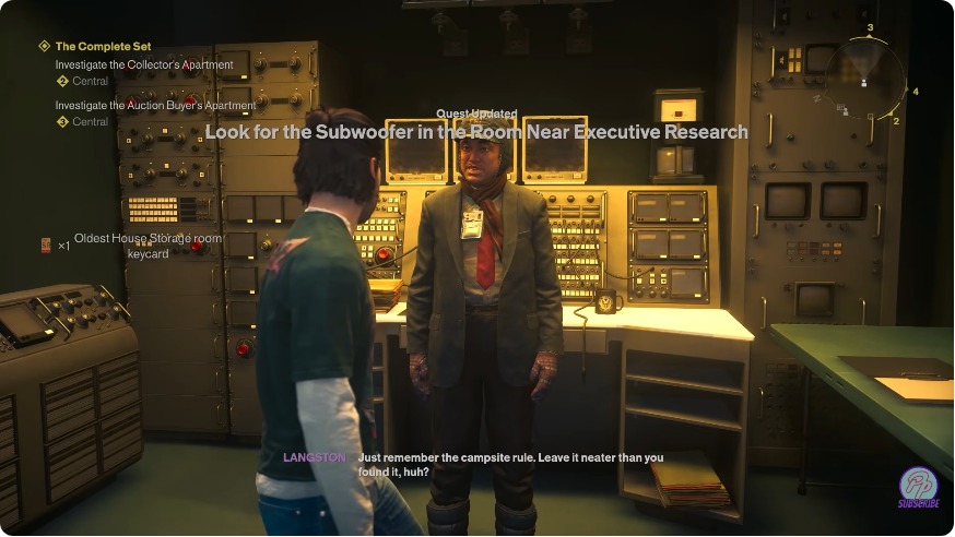Langston gives the objective to find the subwoofer near Executive Research