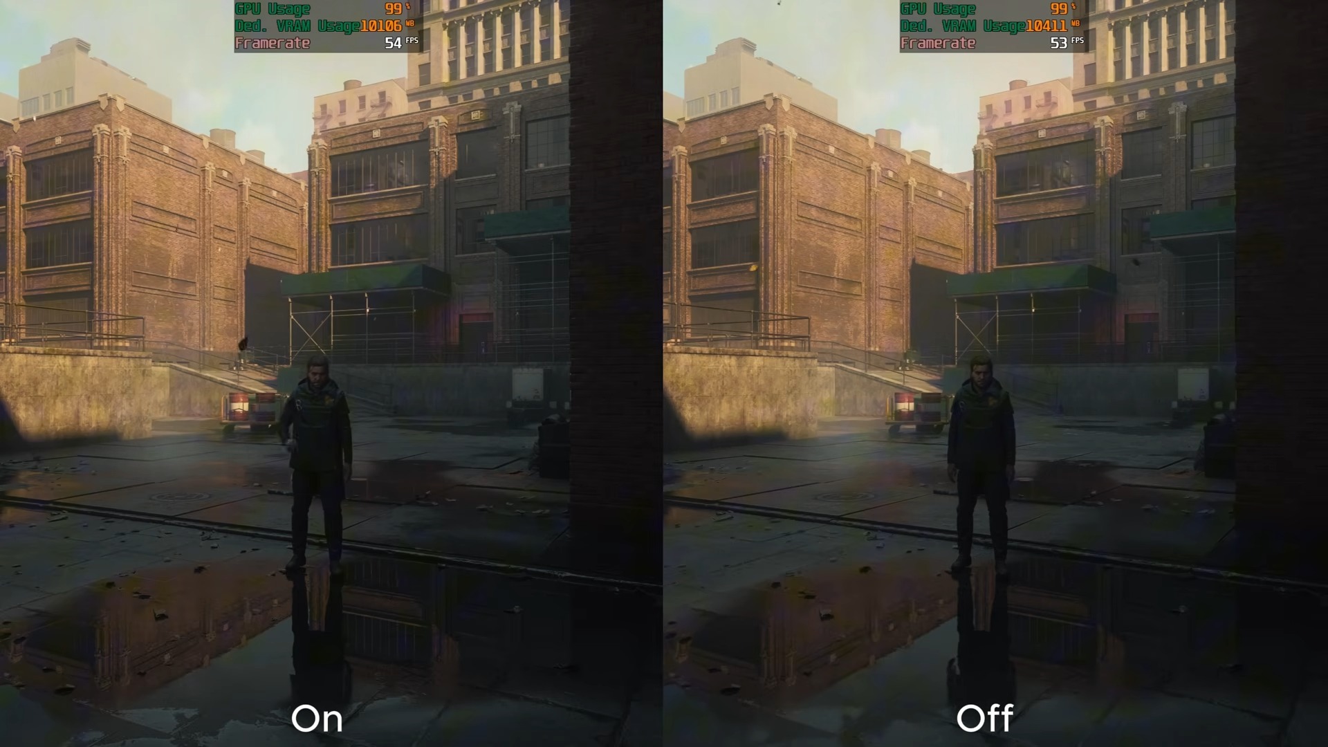 Original video comparison with Ray Reconstruction On at left and Off at right; the courtyard and reflective ground appear on both sides