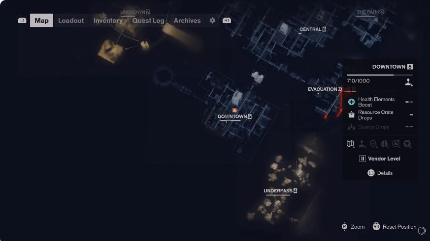 World overview showing Downtown, Central, the Park, Underpass and Unknown regions