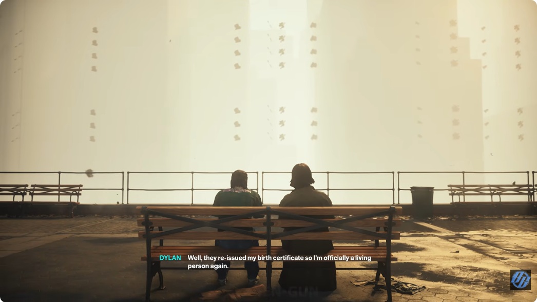 Dylan and Zoe sit on a rooftop bench while he discusses his reissued birth certificate