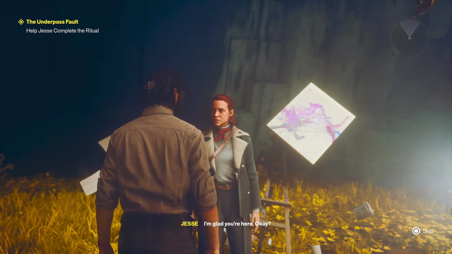 Adult Jesse speaking to Dylan beside floating artwork in the Underpass Fault ritual
