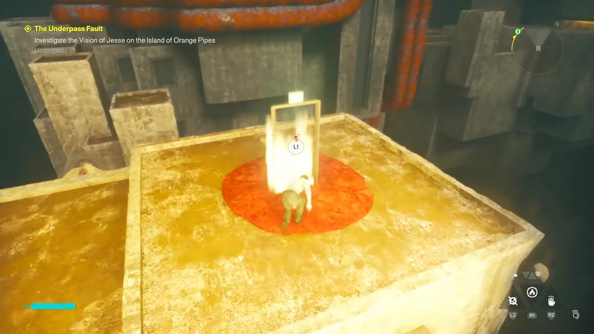 The glowing Fault fast-travel door on a red circular landing below orange pipes