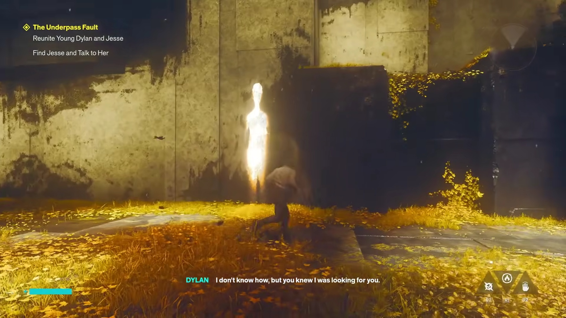 The light-projected child beside Dylan under the Reunite Young Dylan and Jesse objective