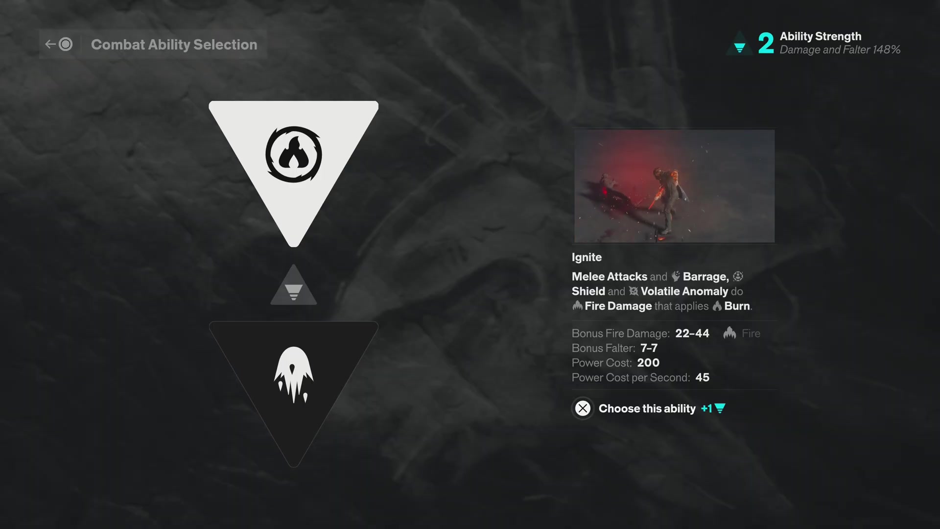 Ignite selection panel naming melee, Barrage, Shield and Volatile Anomaly and showing activation and ongoing costs