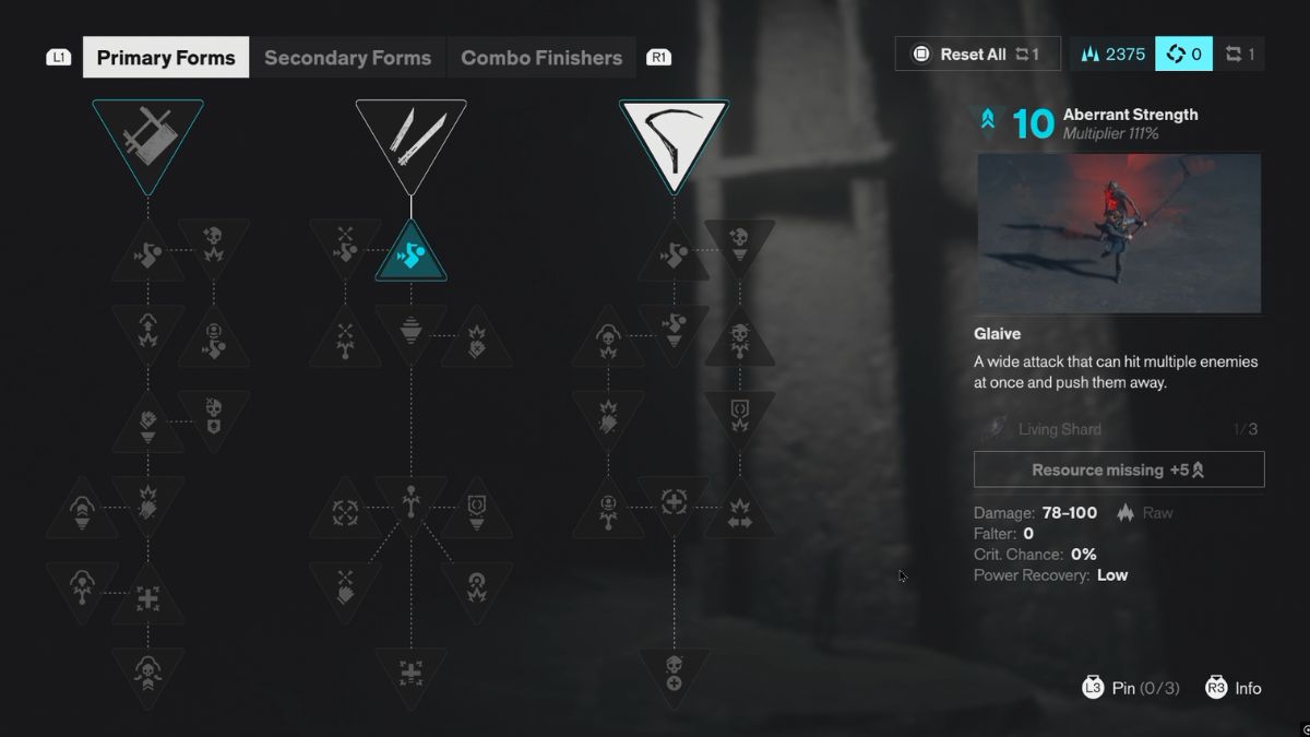 Glaive selected in the Primary Forms tree, with a three Living Shard requirement