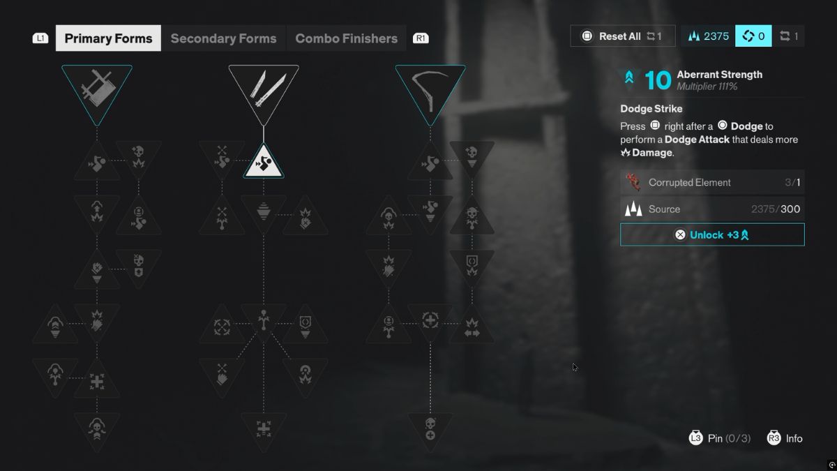 Dodge Strike node showing one Corrupted Element, 300 Source and +3 Aberrant Strength