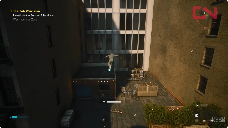 Dylan crossing the building exterior toward the karaoke apartment roof