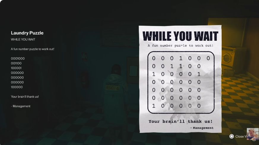 The laundromat paper clue with seven lines of zeros and ones