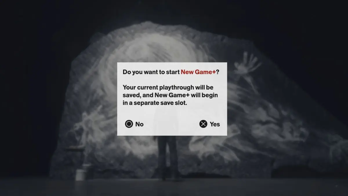 New Game Plus confirmation stating the current run is saved and NG+ starts in a separate slot