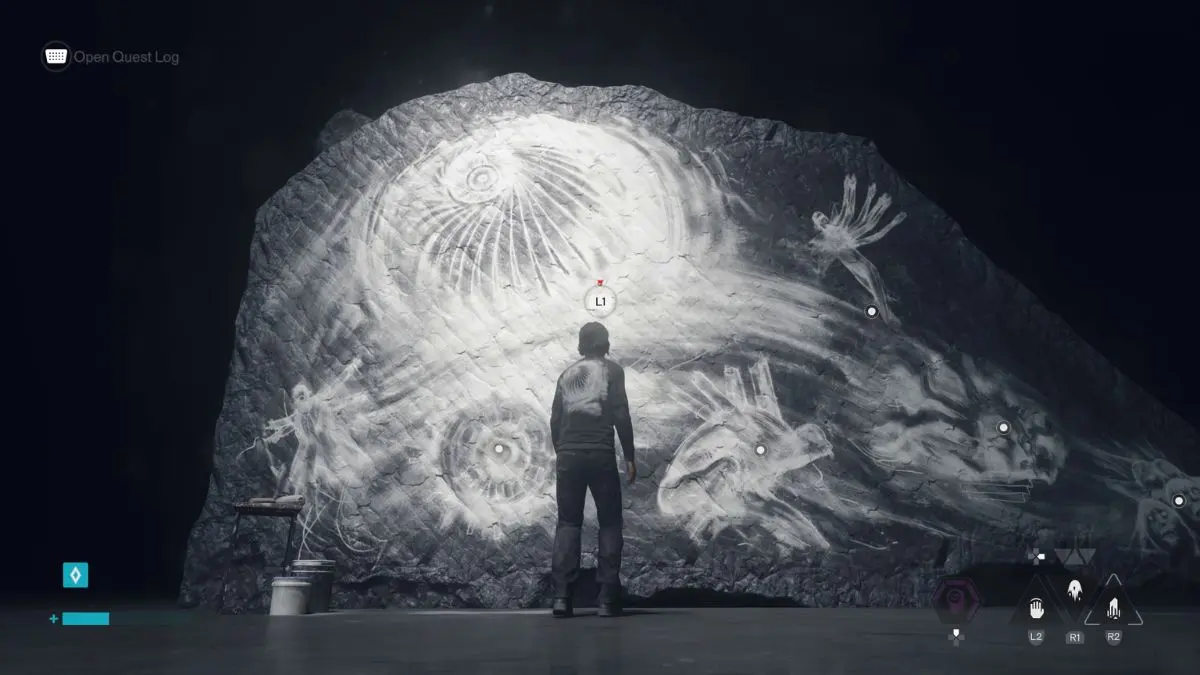Hedron drawing on the Gap combat-ability mural, with the L1 interaction prompt