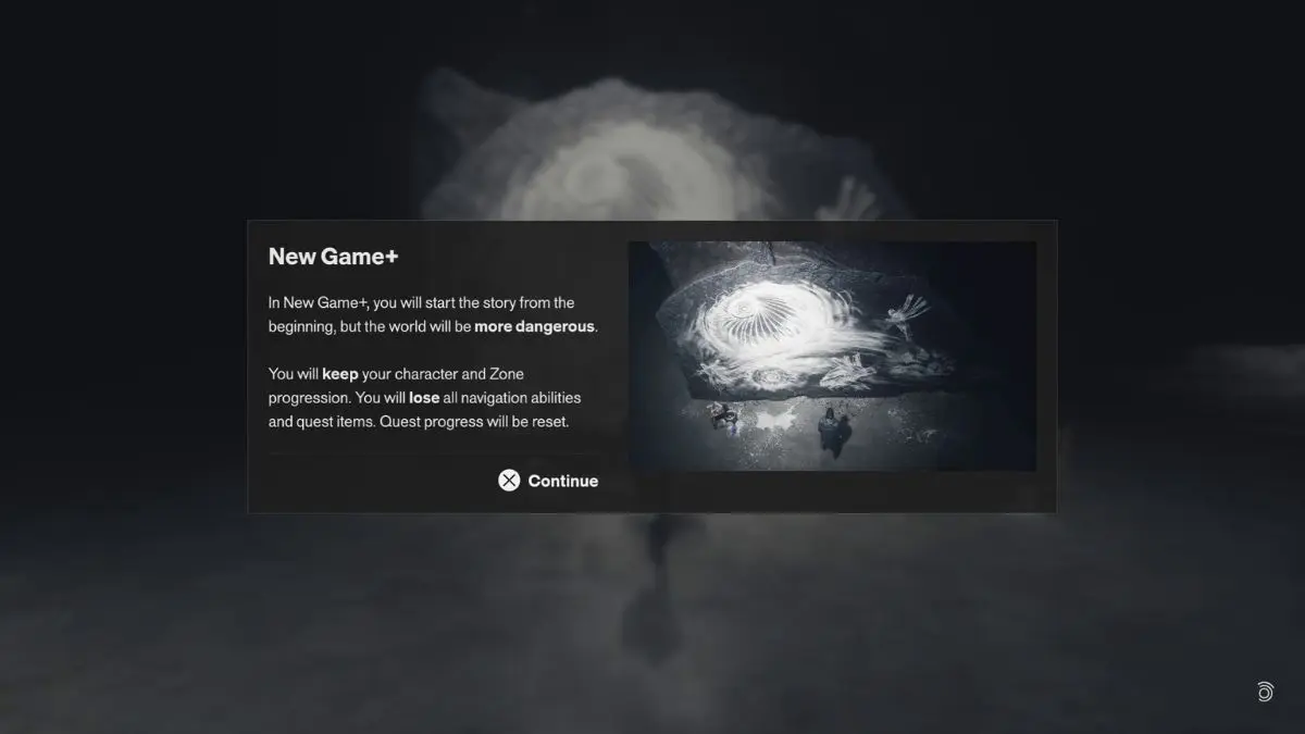 New Game Plus panel stating character and zone progression is retained while navigation and quests reset