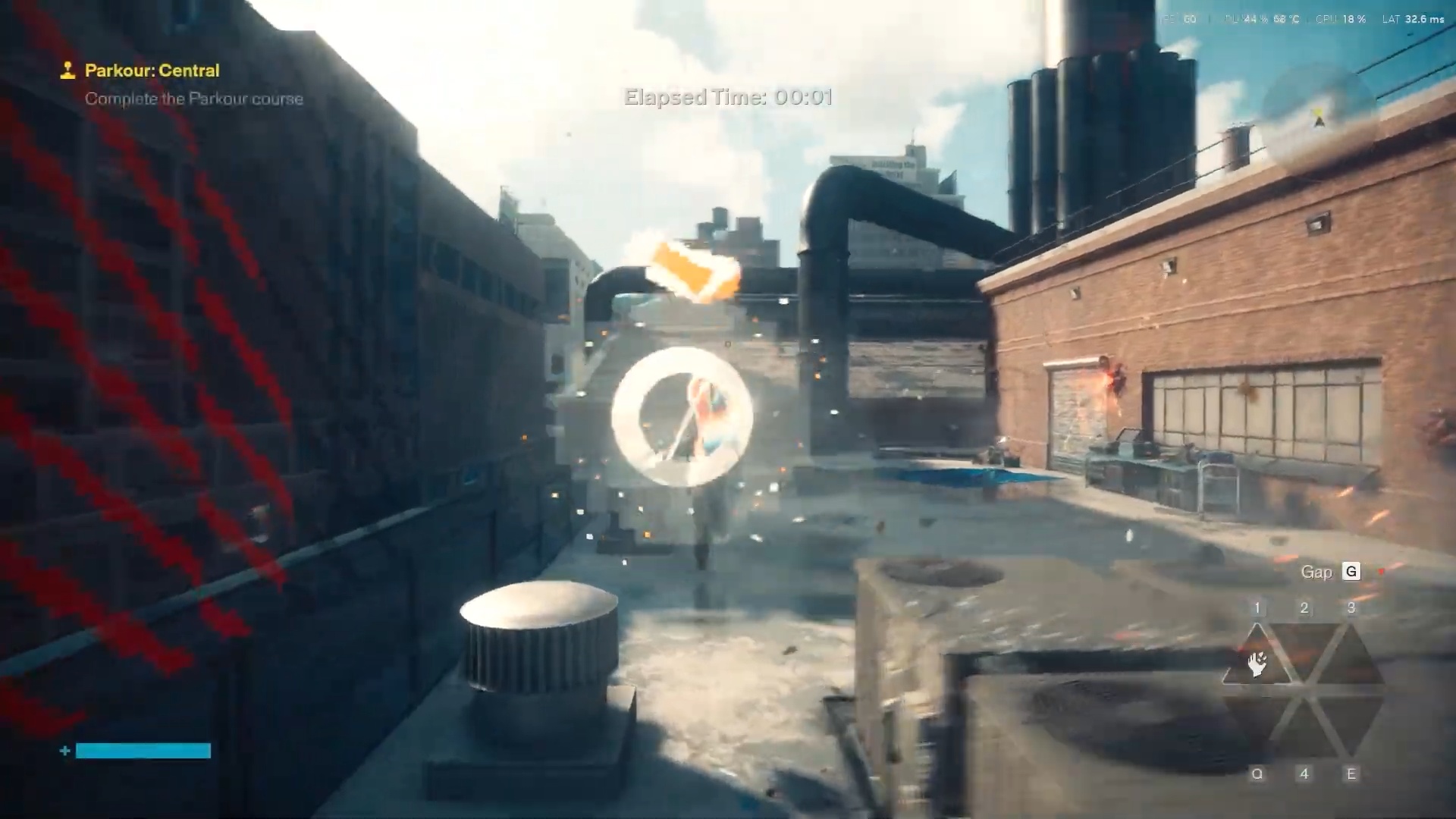 The first bright checkpoint ring in Parkour Central with Elapsed Time visible