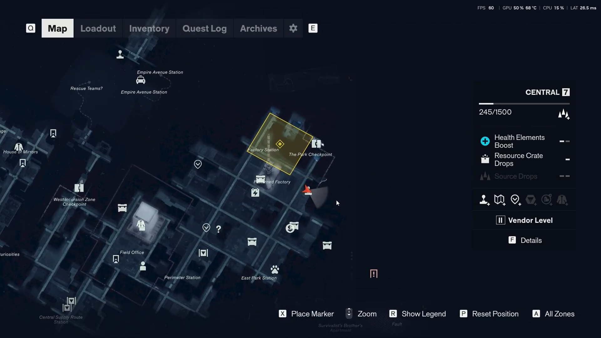 Central map with the arcade activity near the Patterned Factory