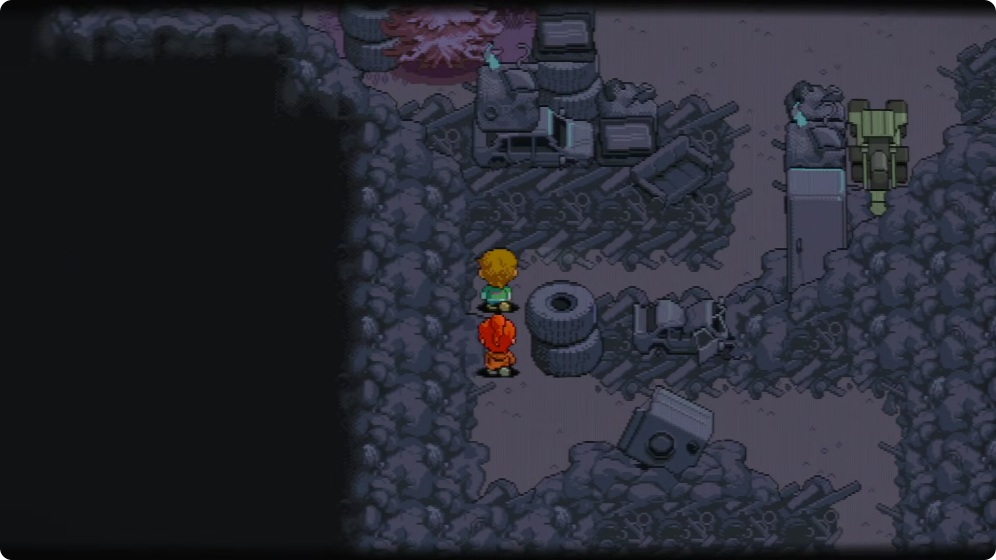 Pixel-art Jesse and Dylan stand together among junkyard objects in Rebuild