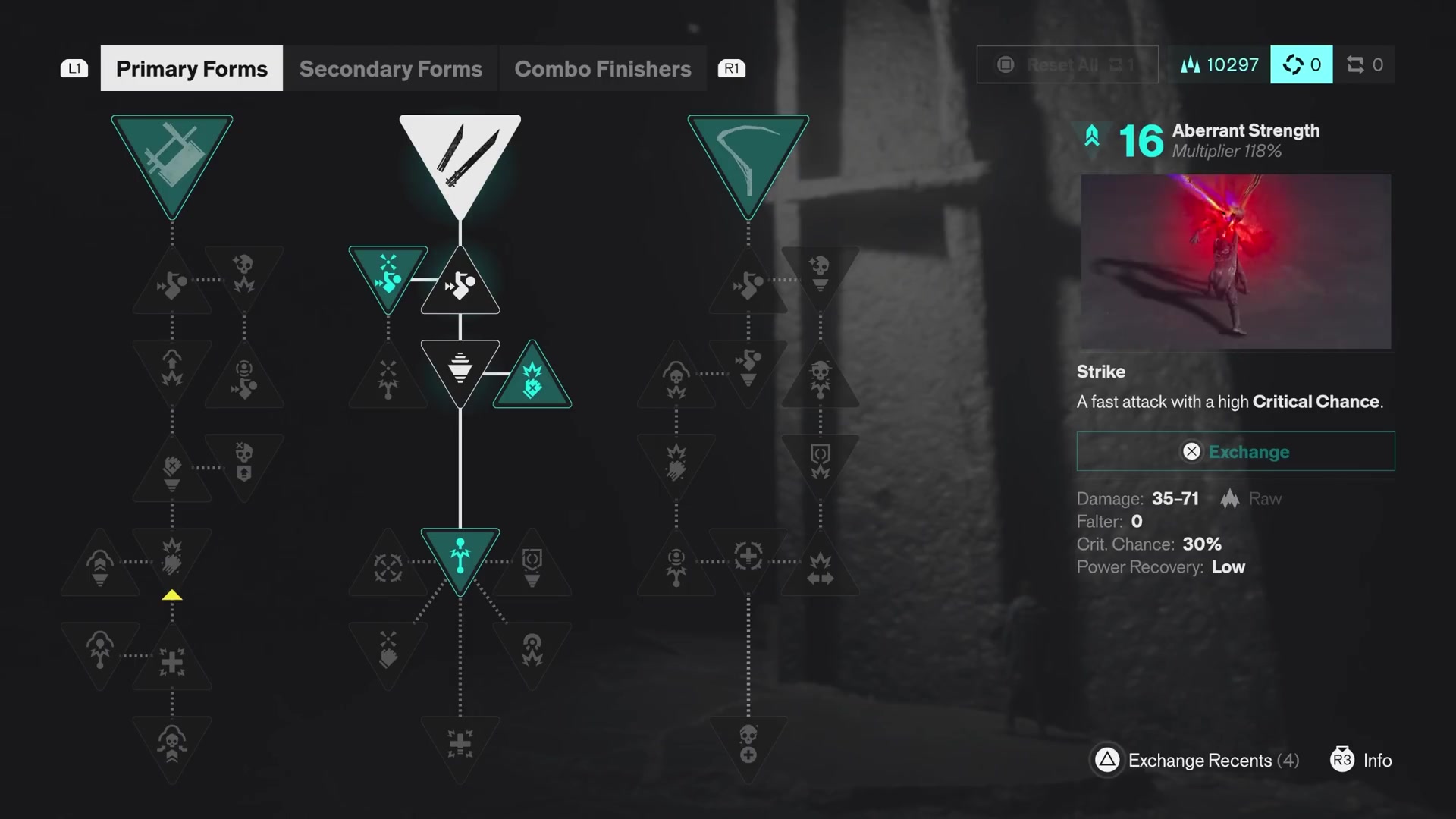 Strike menu showing high Critical Chance and the separate Aberrant Strength value