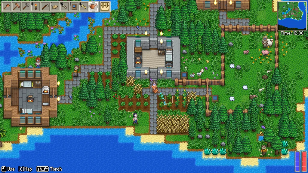 A fenced livestock pen in Delverium holding sheep and other animals, beside farm crops and buildings