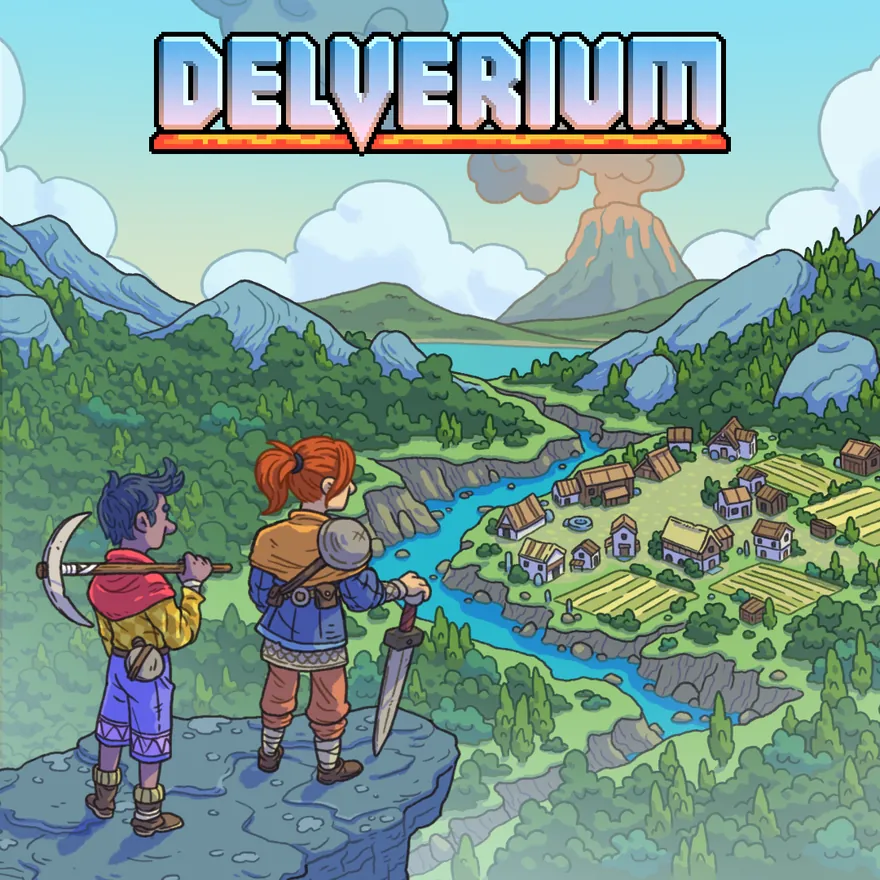 Official Delverium key art: two adventurers on a cliff overlooking a valley with a village, river and a distant volcano