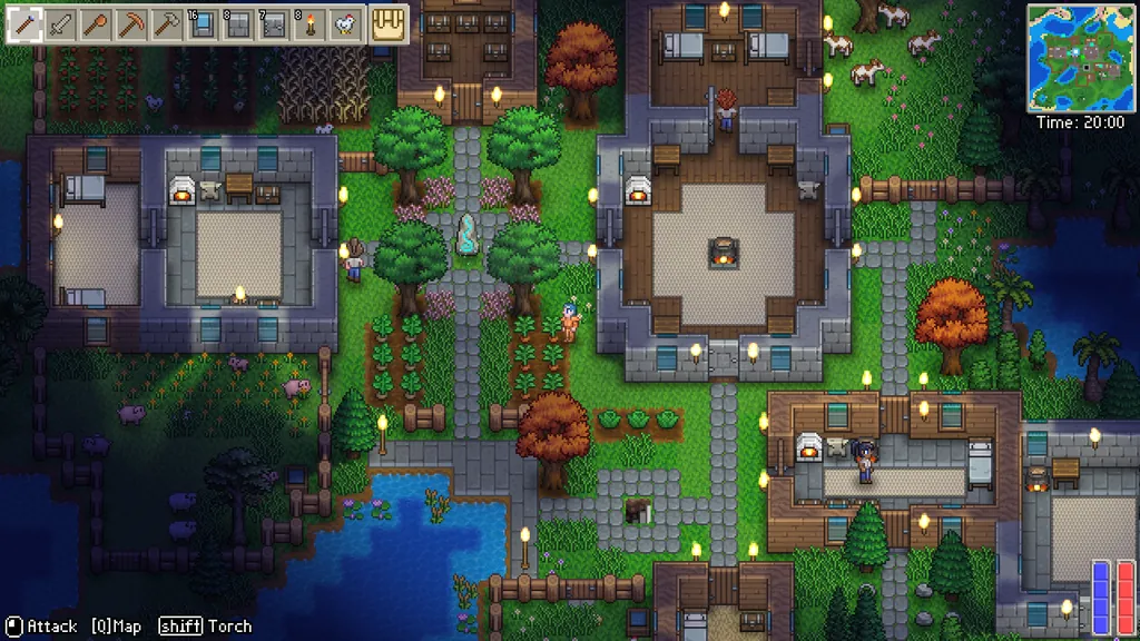 A developed Delverium settlement at night, with lit buildings, paths and farm plots