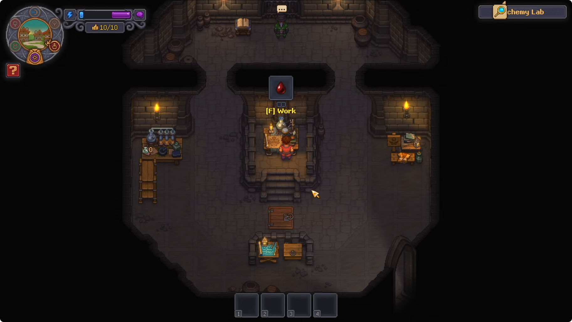 Study Table and laboratories arranged around the alchemy room stairs