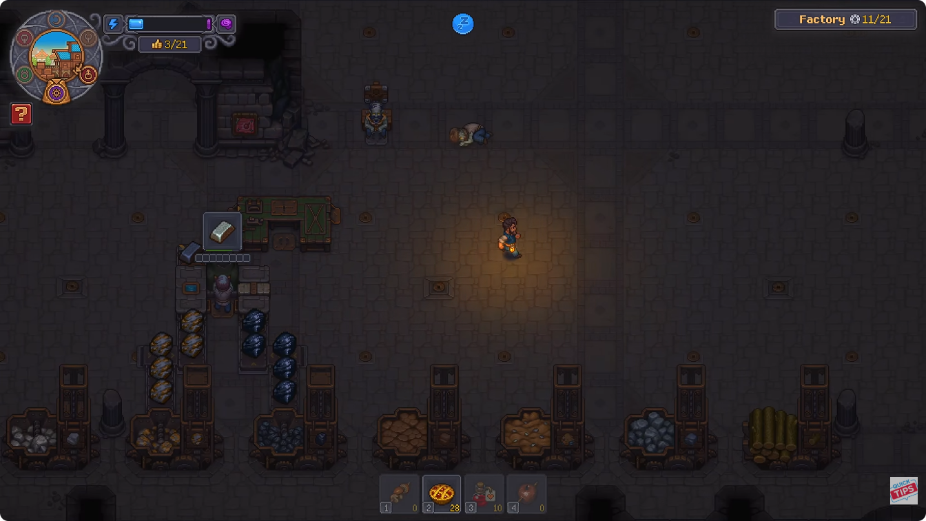 Factory line carrying Iron Ore and Coal into a Smithy with an Iron Ingot output visible
