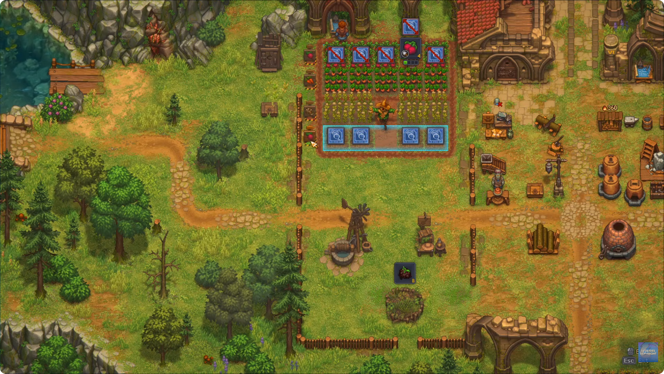Garden build preview showing crop tablet positions beside the planted beds