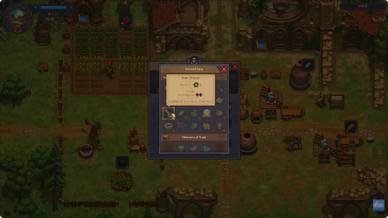 Iron Shovel tooltip showing its Farming mastery bonus in the garden setup video