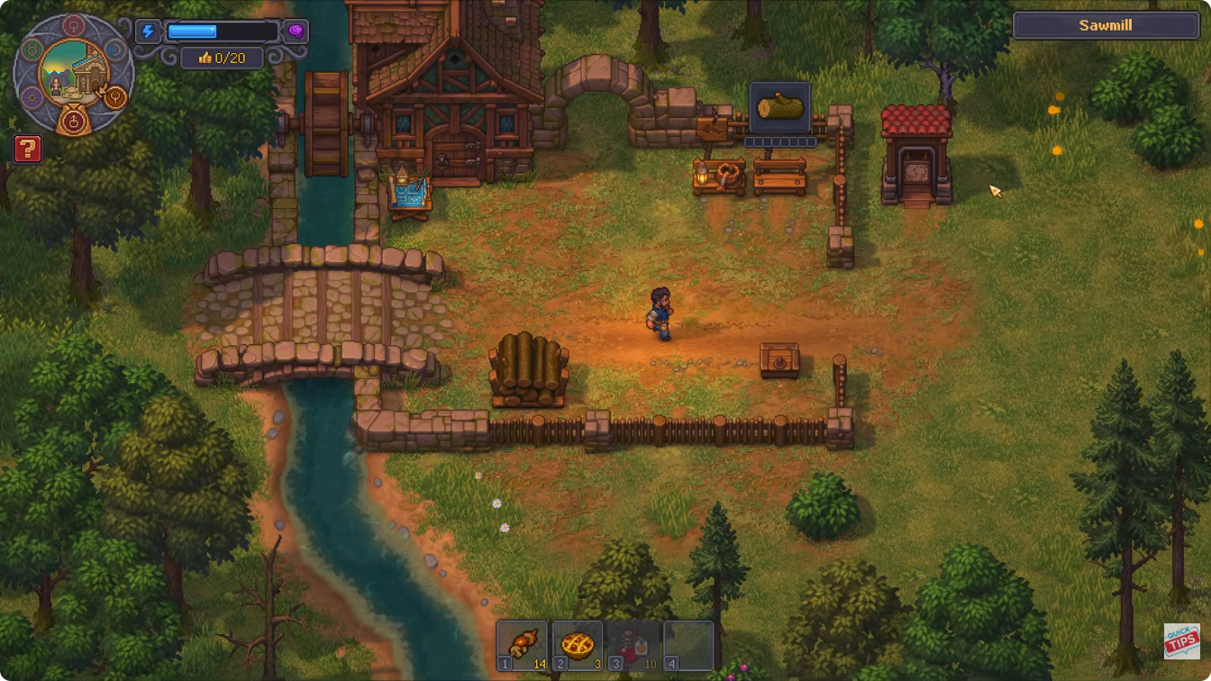 Sawmill beside a river and stone bridges with its local build desk and timber storage