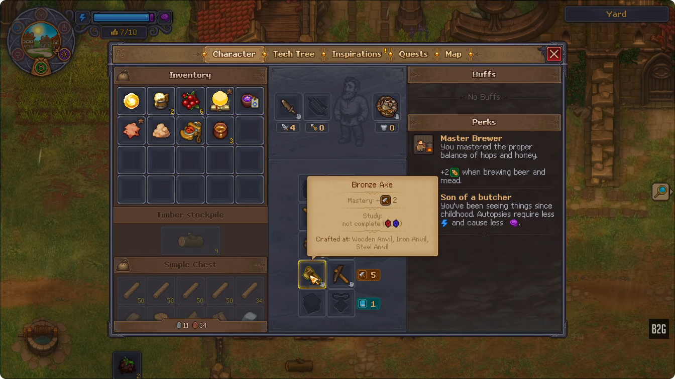 Bronze Axe tooltip showing a plus-two mastery bonus
