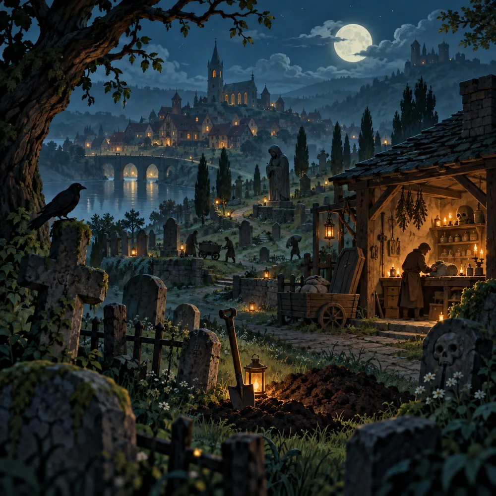 Original editorial illustration inspired by the themes of Graveyard Keeper 2