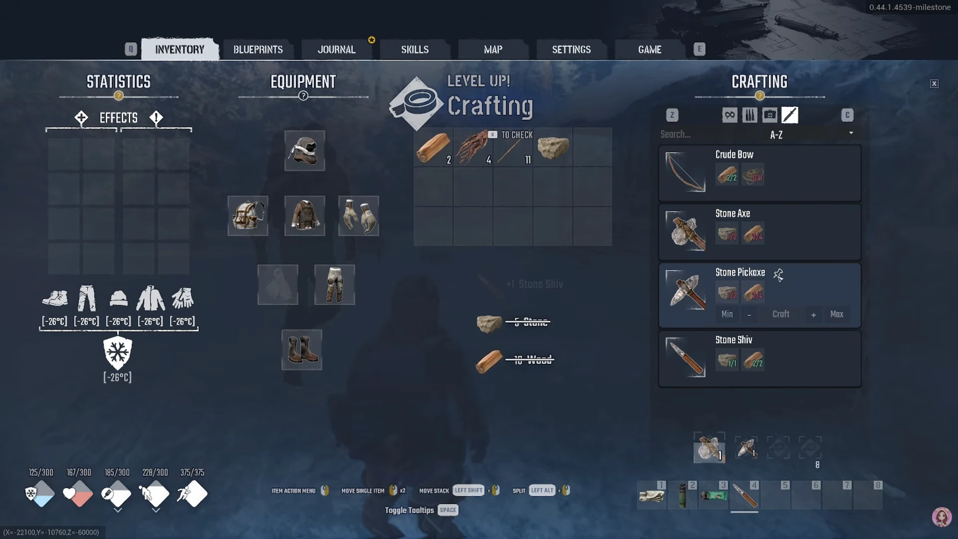 The inventory crafting list shows the Stone Pickaxe recipe.