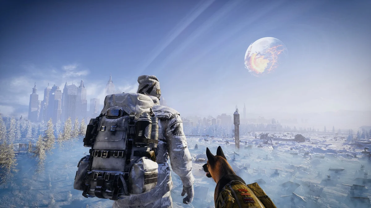 A Permafrost survivor and dog overlook a frozen city beneath the shattered moon