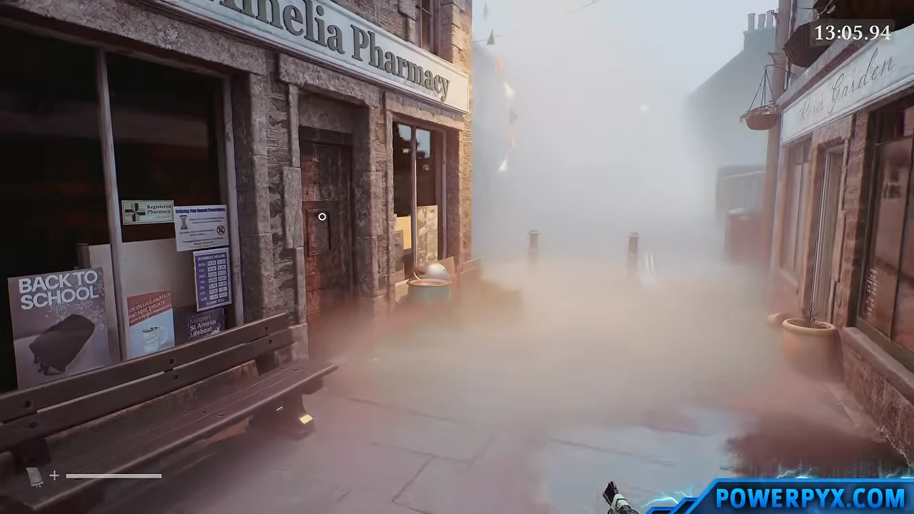 St. Amelia Pharmacy storefront in the fog