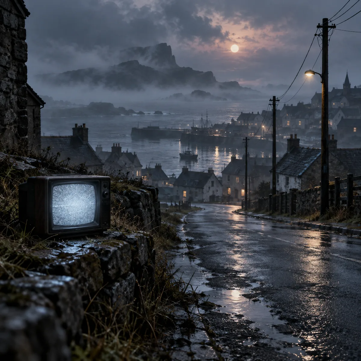 Original editorial illustration of a foggy coastal town and a portable CRT television