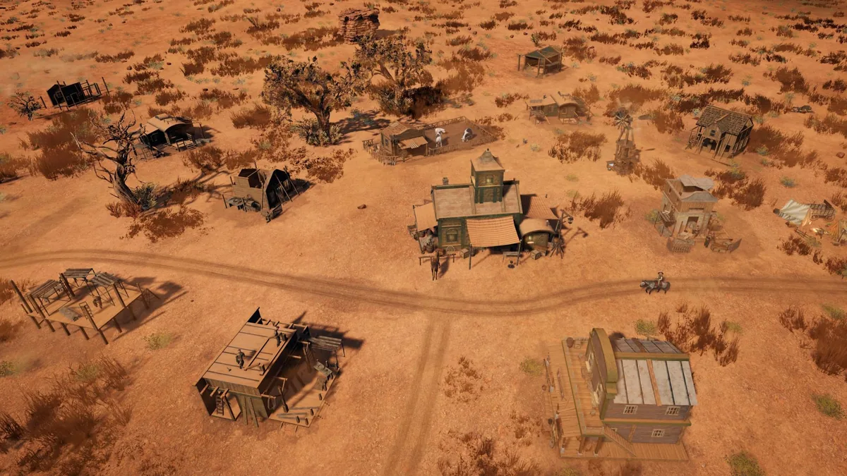 Official Wild West Pioneers screenshot showing a frontier settlement in a desert landscape